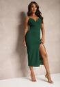 Zielona Dopasowana Sukienka Midi na Regulowanych Ramiączkach z Głębokim Dekoltem Zosfia