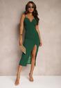 Zielona Dopasowana Sukienka Midi na Regulowanych Ramiączkach z Głębokim Dekoltem Zosfia