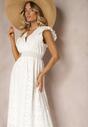 Rochie Albă Cloș din Bumbac cu Model Ajurat și Elastic în Talie Elafrea