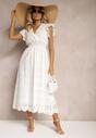 Rochie Albă Cloș din Bumbac cu Model Ajurat și Elastic în Talie Elafrea