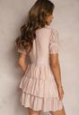 Rochie roz Felfea cloșată cu volane decorative și mâneci bufante