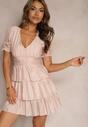 Rochie roz Felfea cloșată cu volane decorative și mâneci bufante