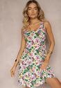 Rochie verde-roz cu bretele din viscoză cu croială evazată cu imprimeu floral Alanea