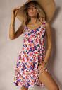 Rochie bleumarin-roz cu bretele din viscoză cu croi evazat cu imprimeu floral Alanea