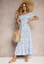 Rochie din Bumbac Albastră tip Bardot cu Volan Discret Risalins
