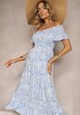 Rochie din Bumbac Albastră tip Bardot cu Volan Discret Risalins