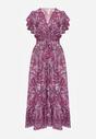 Fioletowa Bawełniana Sukienka Paisley z Kopertowym Dekoltem z Falbaną i Gumką w Talii Brionea