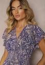 Rochie Bleumarin din Bumbac cu Imprimeu Paisley Decolteu Petrecut cu Volan și Elastic în Talie Brionea