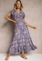 Rochie Bleumarin din Bumbac cu Imprimeu Paisley Decolteu Petrecut cu Volan și Elastic în Talie Brionea