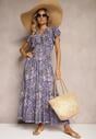 Rochie Bleumarin din Bumbac cu Imprimeu Paisley Decolteu Petrecut cu Volan și Elastic în Talie Brionea
