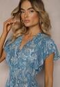 Rochie Bleumarin din Bumbac cu Imprimeu Paisley Decolteu în V cu Volane și Elastic în Talie Brionea