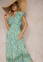 Rochie Verde din Bumbac cu Model Paisley Decolteu Înfășurat cu Volan și Elastic în Talie Brionea