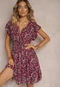 Rochie neagră-roz din bumbac cu imprimeu floral mic, decolteu tip plic și elastic în talie Calnea