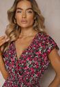Rochie neagră-roz din bumbac cu imprimeu floral mic, decolteu tip plic și elastic în talie Calnea