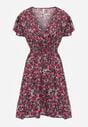 Czarno-Różowa Sukienka z Bawełny w Drobne Kwiaty z Kopertowym Dekoltem i Gumką w Talii Calnea