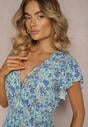 Rochie albastră din bumbac cu imprimeu floral mic, decolteu tip portfard și elastic în talie Calnea