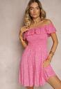 Rochie Fucsia Florală Spaniolă din Bumbac cu Elastic în Talie Nevima