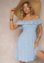 Rochie Albastră Florală Spaniolă din Bumbac cu Elastic în Talie Nevima