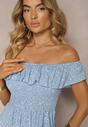 Rochie Albastră Florală Spaniolă din Bumbac cu Elastic în Talie Nevima