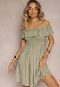 Rochie Spaniolă Verde Închis Florală din Bumbac cu Elastic în Talie Nevima