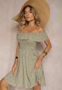 Rochie Spaniolă Verde Închis Florală din Bumbac cu Elastic în Talie Nevima