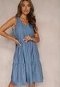 Rochie bleu deschis din bumbac cu croială evazată fără mâneci Ajonne