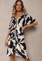 Czarno-Biała Sukienka o Taliowanym Kroju Wiązana w Pasie Nellsiah