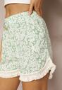 Verde-Bej Pantaloni Scurți din Viscoză Talie Înaltă cu Elastic în Talie Model Floral și Franjuri Orifea