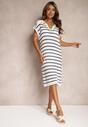 Rochie-pulover alb-bleumarin croi drept cu guler și mânecă scurtă Memorea