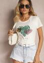 Biały T-shirt z Bawełny Ozdobiony Nadrukiem w Kształcie Serc Hennea