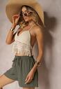 Ciemnozielone Szorty o Luźnym Kroju High Waist z Gumką w Talii Vimallora