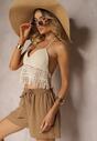 Ciemnobeżowe Szorty o Luźnym Kroju High Waist z Gumką w Talii Vimallora