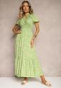 Rochie trapezoidală verde deschis din bumbac cu mâneci bufante, volane și elastic în talie Vimayana