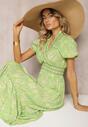 Rochie trapezoidală verde deschis din bumbac cu mâneci bufante, volane și elastic în talie Vimayana