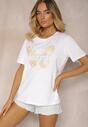 Tricou Casual Alb din Bumbac cu Imprimeu Fluture cu Pietre Strass Jalflea