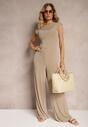 Brązowy Prążkowany Komplet 2-Częściowy Bluzka z Odkrytymi Plecami Szerokie Spodnie Kelandrea