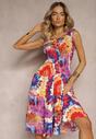 Rochie Violet-Albastră din Viscoză cu Bretele și Elastic în Talie Gemorea