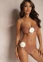 Brązowe Bikini z Wiązaną Górą Ozdobione Kwiatowymi Aplikacjami Rivashan