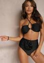 Czarne 2-Częściowe Bikini Stanik Zapinany przy Szyi z Wiązaniem Figi z Wysokim Stanem Nanselian