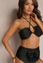 Czarne 2-Częściowe Bikini Stanik Zapinany przy Szyi z Wiązaniem Figi z Wysokim Stanem Nanselian