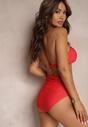 Czerwone 2-Częściowe Bikini Stanik Zapinany przy Szyi z Wiązaniem Figi z Wysokim Stanem Nanselian