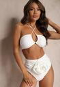 Białe 2-Częściowe Bikini Stanik Zapinany przy Szyi z Wiązaniem Figi z Wysokim Stanem Nanselian