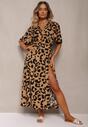 Ciemnobeżowa Panterkowa Sukienka o Taliowanym Kroju z Gumką w Pasie Rivallea