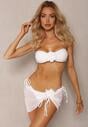 Białe 3-Częściowe Bikini Stanik i Majtki z Aplikacjami Kwiatów Pareo z Siateczki Irisel