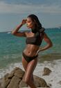 Czarne Bikini 2-Częściowe Stanik z Aplikacją Kwiatu na Jedno Ramię Majtki Typu Figi Valmelba