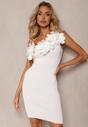 Biała Asymetryczna Sukienka Koktajlowa z Wiskozą Ozdobiona Kwiatami 3D Wisbene
