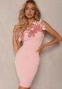 Różowa Asymetryczna Sukienka Koktajlowa z Wiskozą Ozdobiona Kwiatami 3D Wisbene