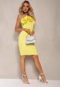 Żółta Asymetryczna Sukienka Koktajlowa z Wiskozą Ozdobiona Kwiatami 3D Wisbene
