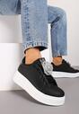 Czarno-Srebrne Sneakersy na Platformie z Aplikacją Kwiatu 3D z Cyrkoniami Navilda