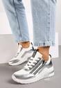 Srebrne Sznurowane Sneakersy na Koturnie Ozdobione Suwakiem i Metalicznym Wykończeniem Vlissa